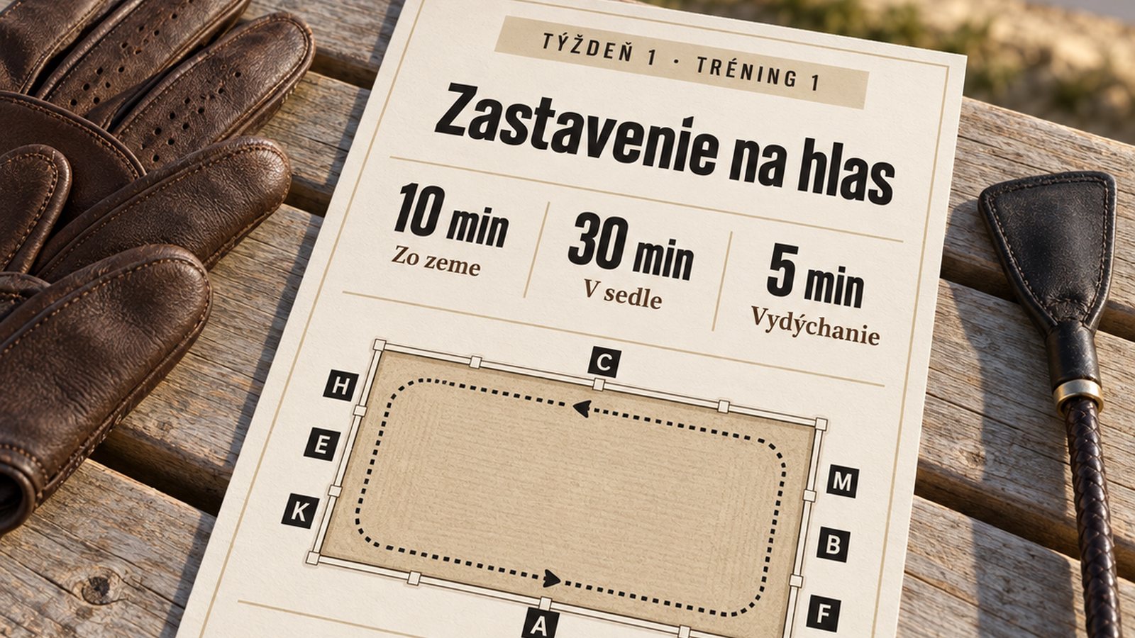 Jedna tréningová karta: tri časti s minútami, nákres jazdiarne a tri políčka
